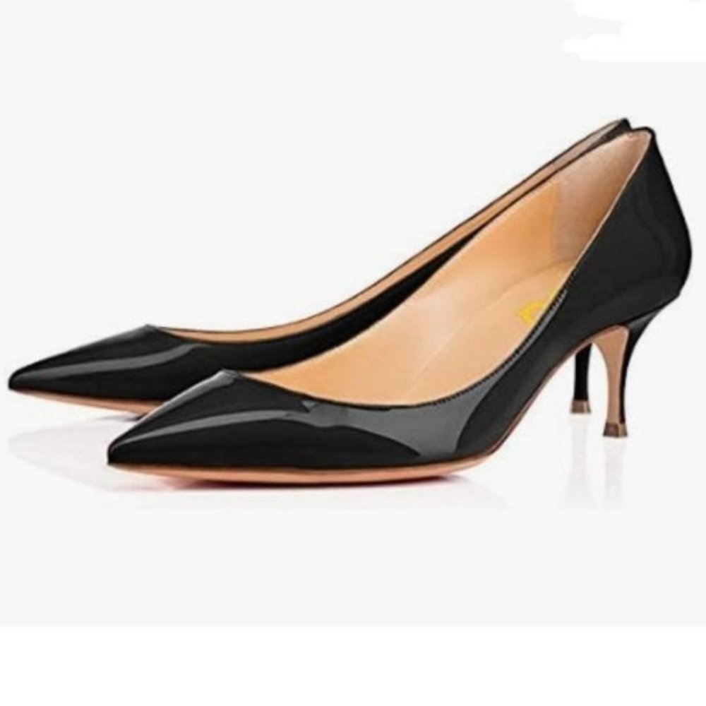 FSJ Black Low Kitten Heels Pointy Closed Toe Pumps